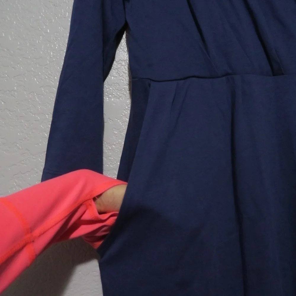 Garnet Hill‎ Mini Dress Pima Cotton V-neck 3/4 Sleeves Navy Blue Versatile